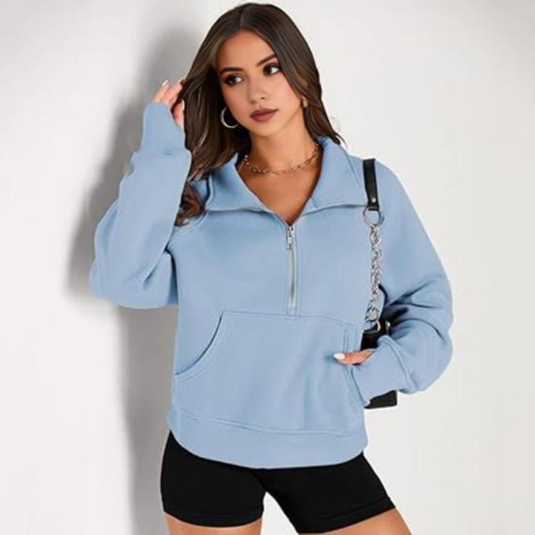 Thick Fall Winter Sweatshirt Casual Sport Top Loose Elastic Cuff Long Sleeves Half Zipper Turn Down Collar Big Pocket Pure Color Daily Wear