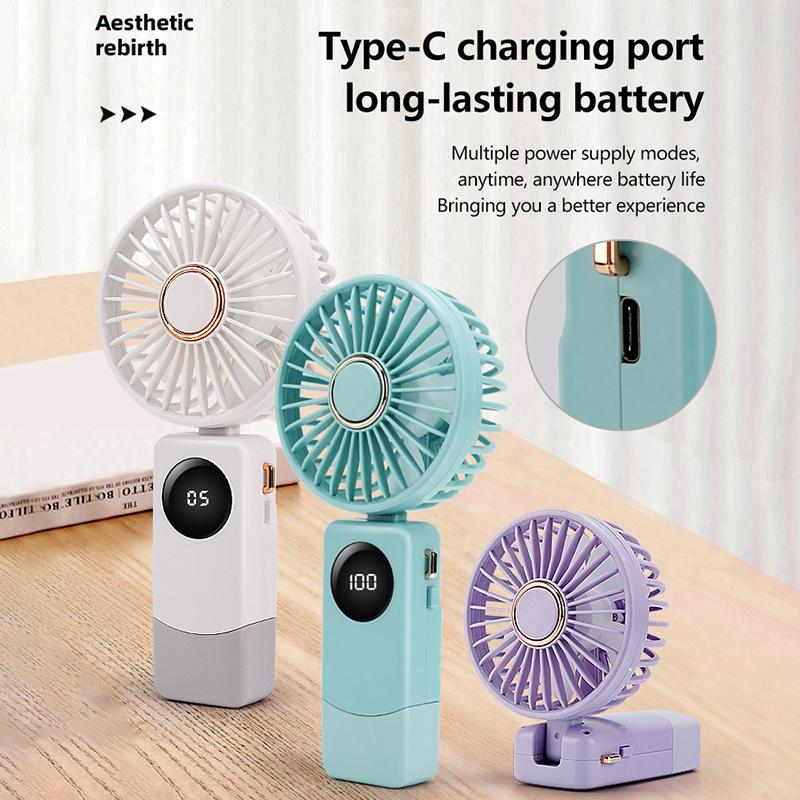 Portable Handheld Personal Rechargeable Fan Led Digital Display 90°Adjustable Rechargeable Fan 5 Speed Wind With Lanyard
