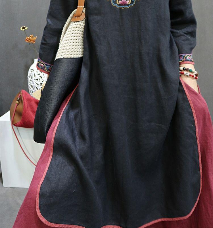 Embroidered Cotton Linen Cheongsam: Mid-Length Ethnic Summer Dress