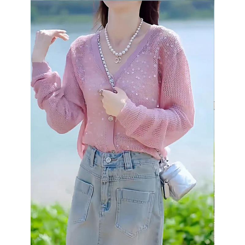 Ice Silk High-end Sequin Knitted Cardigan Women's Summer New Hollow Tulle Sunscreen Outerwear Blouse Top