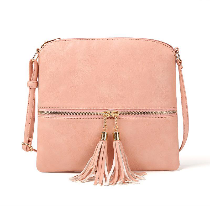 Women's Crossbody Shoulder Bag with Double Tassels and Front Pocket Zipper - In Stock and Trending