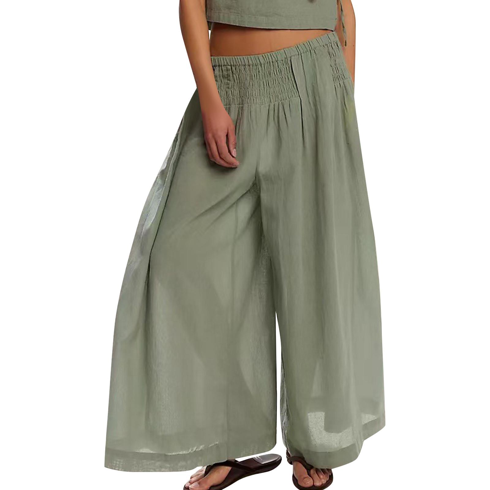 

Женские льняные брюки с широкими штанинами, эластичные брюки-палаццо с высокой талией, повседневная свободная одежда для пляжного отдыха с карманами S коричневый