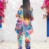 Women Plus Size Round Neck Long Sleeve Pink Purple Printed Layered Top Long Pants Two Piece Set