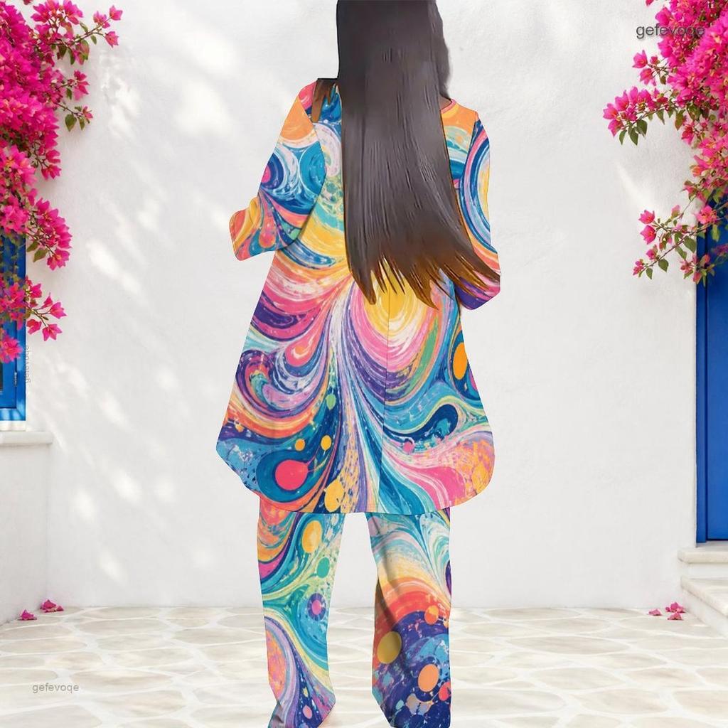 Women Plus Size Round Neck Long Sleeve Pink Purple Printed Layered Top Long Pants Two Piece Set