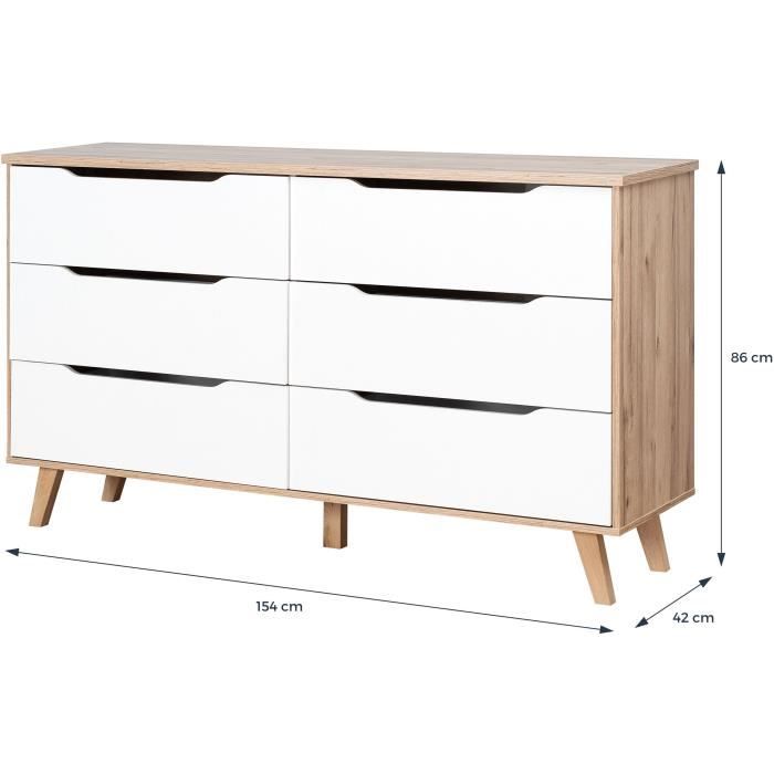 6-drawer Chest of Drawers - Particle Board - Oak and White Decor - Contemporary - L 154 X D 42 X H 86 Cm