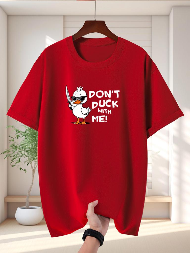 Unisex Red Tee Cool Cartoon Duck Funny Pun Text Graphic Print Crew Neck Short Sleeve Summer Casual Male Cotton Street Daily Top
