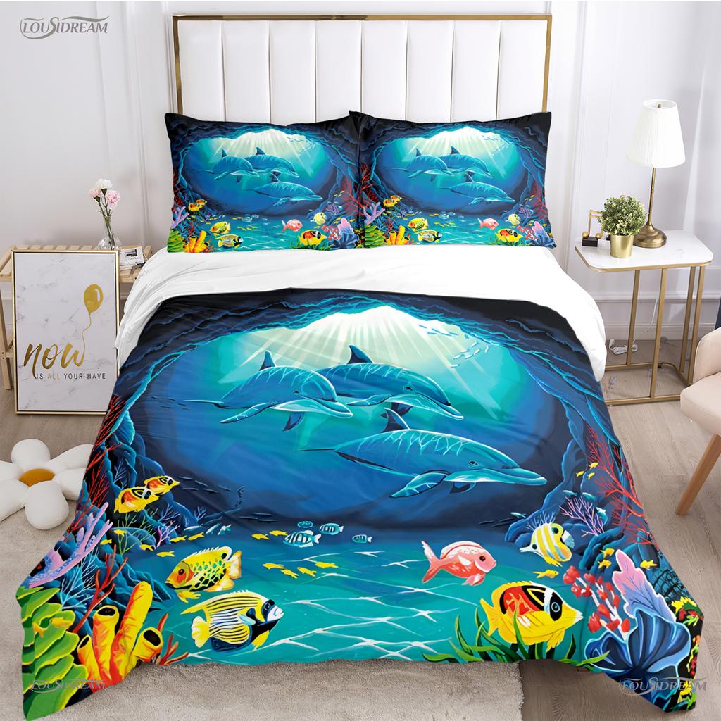 Comforter 3D Ocean World Dolphin Whale Fish Comforter Beding Set Soft And For Single/Double/Queen/King