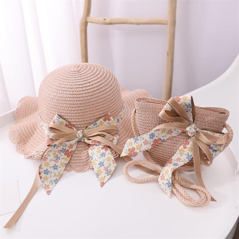 Strohhut für Kinder Sommer Mädchen Strandhut Kinder Sonnenhut Mädchen Sommer Strohhut Tasche Set Sonnenschutz Japan