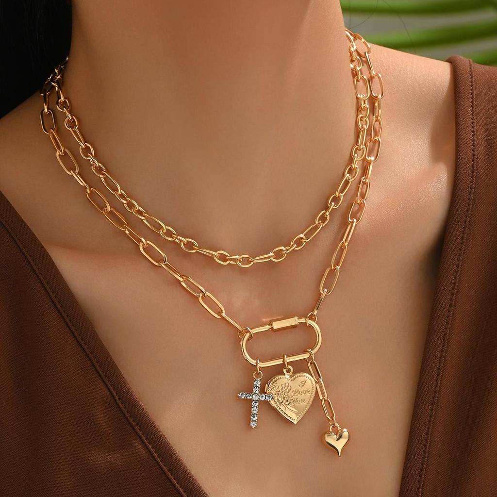 European & American Multi-Pendant Rhinestone Heart Necklace