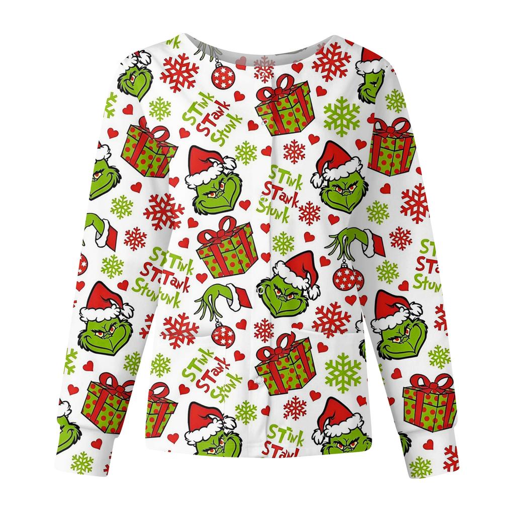 Women's Casual Fashion Long Sleeve Standing Collar Single Breasted Christmas Print Workwear Jacket Tops