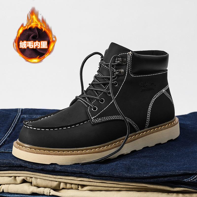 Big Yellow Boots Martin Boots Men's and Women's Couples Casual Leather Boots British Style Tooling Boots Medium and High Top Shoes Fleece Short Boot