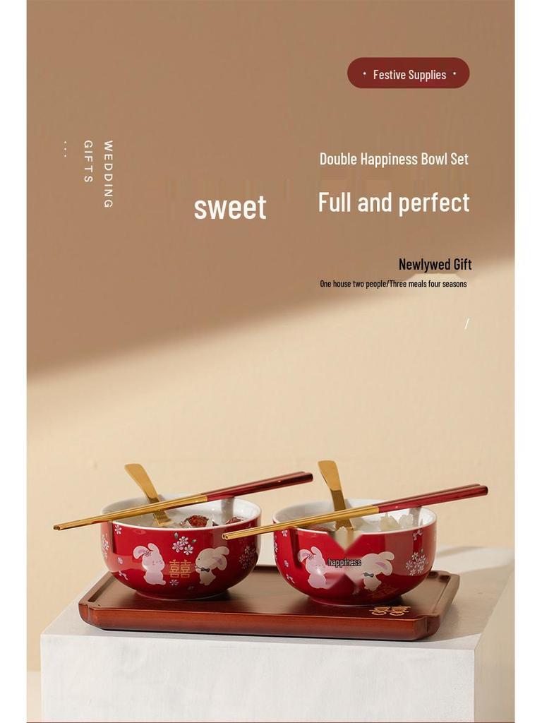 Double Happiness Red Bowl & Chopsticks Set - Wedding, Housewarming, Birthday, Anniversary Gift