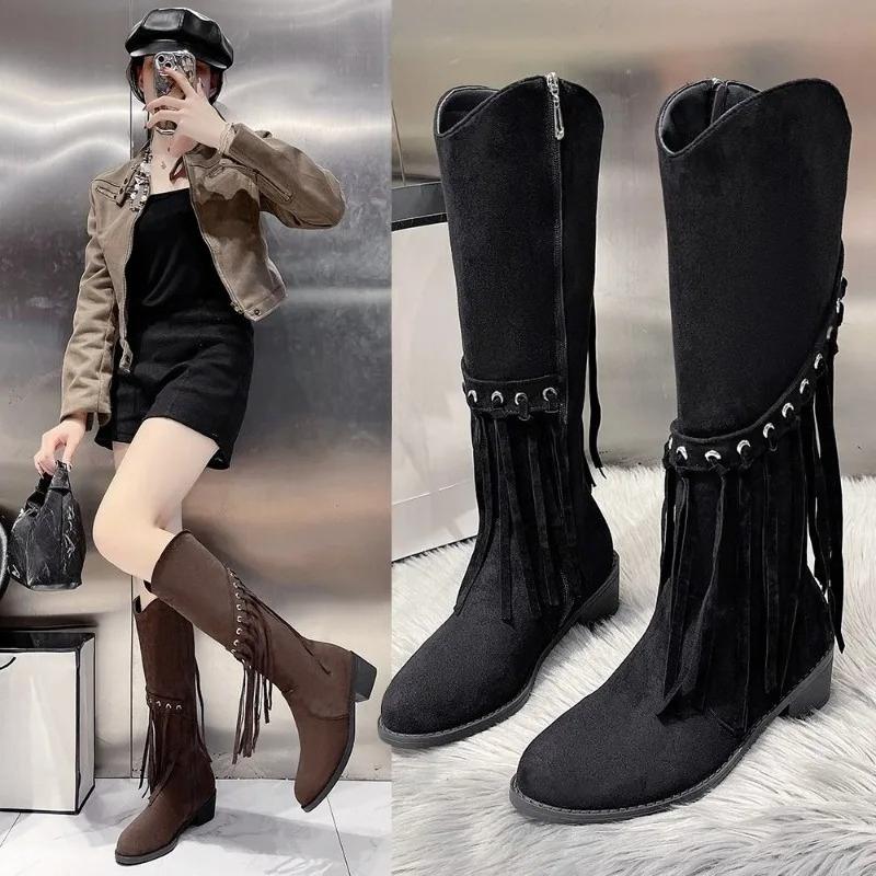 Fashion Retro Chunky Heel Thigh Boots Fall/Winter 2025 New Fringed Knee-high Boots