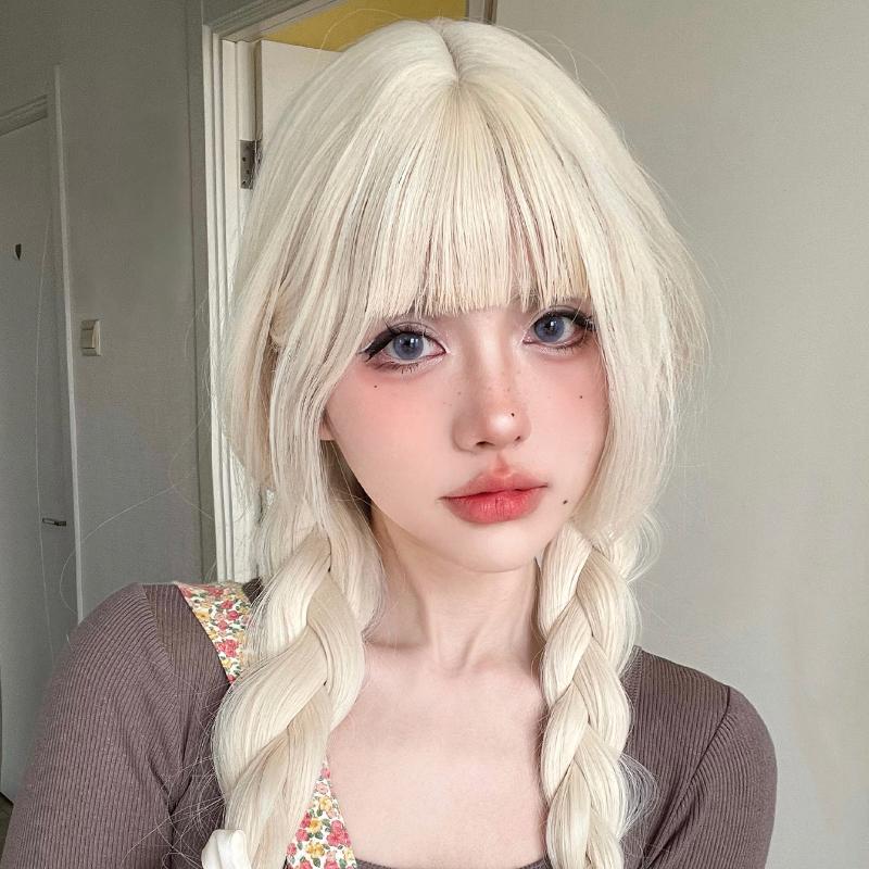26Inch Blonde Platinum Golden Synthetic Wigs With Bang Long Natural Straight Hair Wig for Women Hime Cut Cosplay Heat Resistant