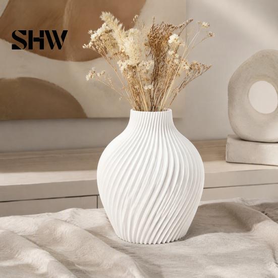 Spiral Ribbed Vase Modern Vase, 3D Printed Dried Flower Matte Floral Arrangement Container White Decorative for Living Room Shelf Table Centerpiece