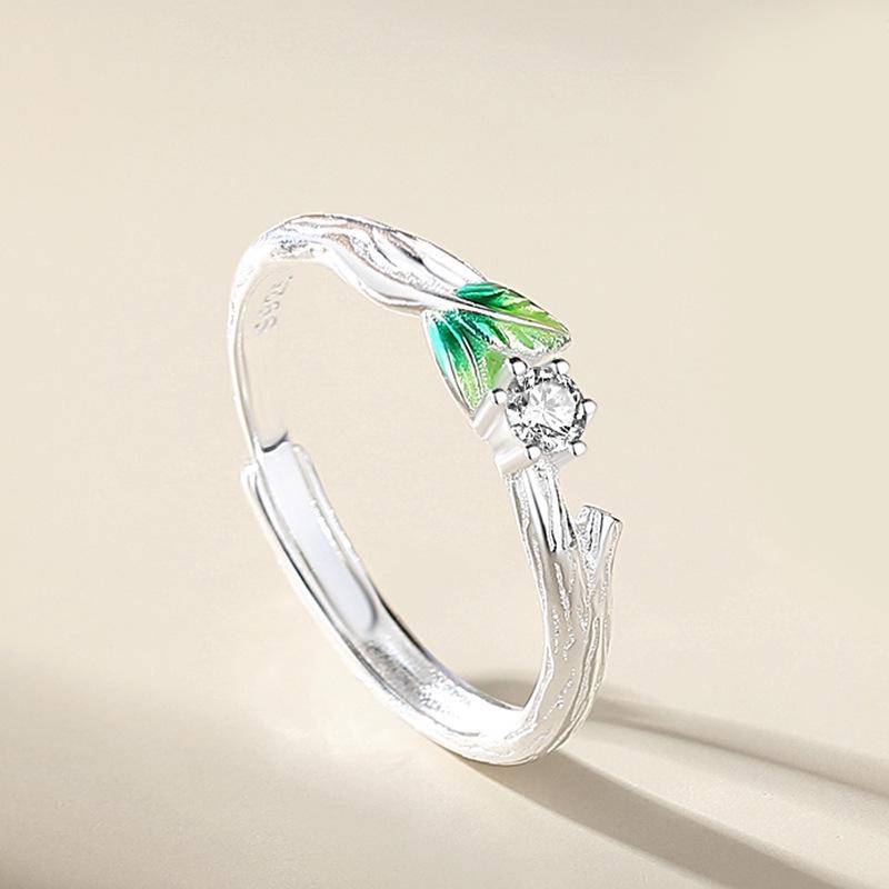 Cool Fun Simple Creativity Green Leaves Young Couple Ring Women Lover Silver Color Open Resizable Rings Romantic Jewelry