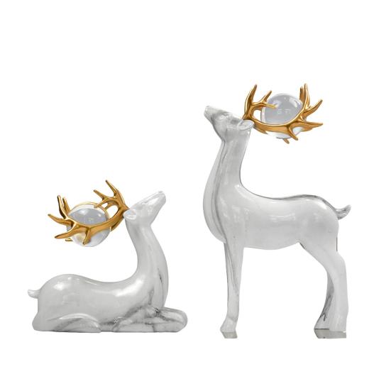 2Pcs Wealth Deer Ornament The Deer of Fortune Figurine Resin Modern Artistic Tabletop Deer Statue Gift for Birthday Housewarming