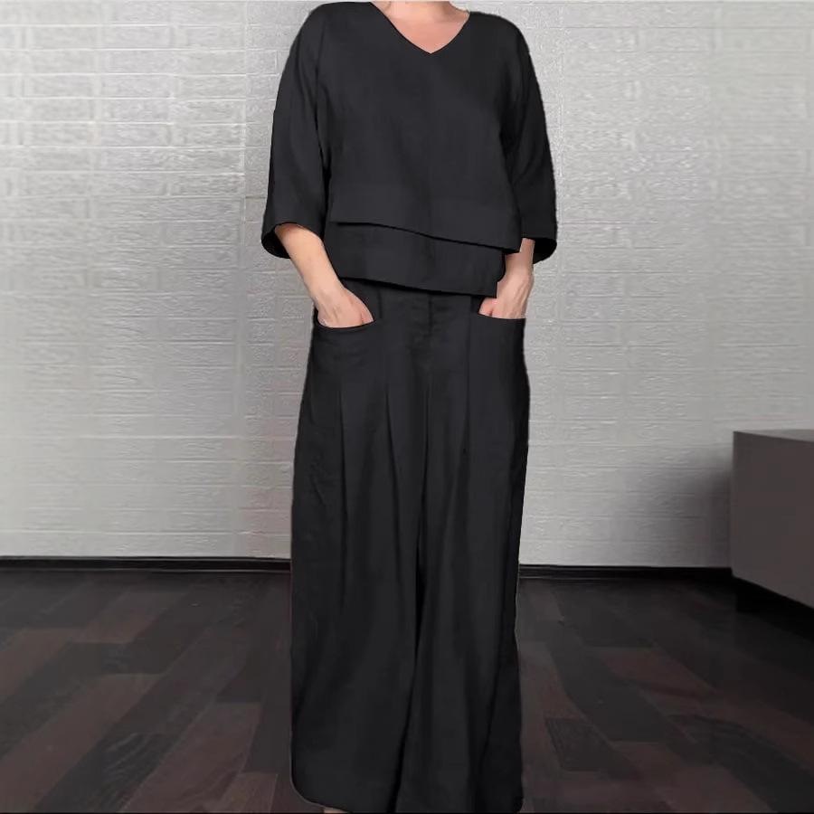 Women's Loose Fit V-Neck Layered Top with Wide Leg Pants Set In White, Grey, Black, Navy, Beige