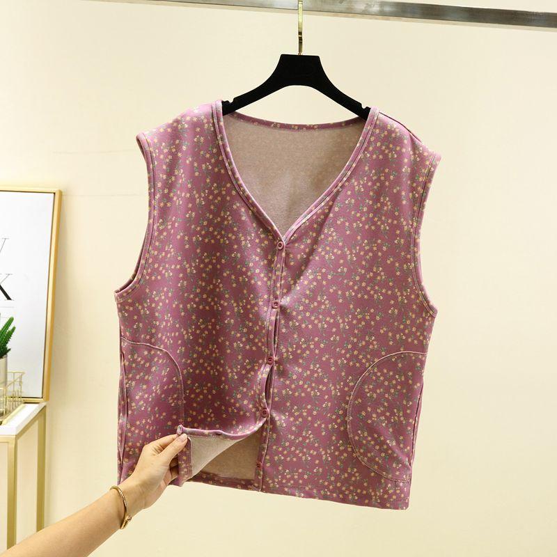 Double-Sided Dralon Floral Warm Waistcoat Middle-Aged and Elderly Fleece-lined Buckle Vest Thick Sleeveless Mom Wear Cold-Proof Vest