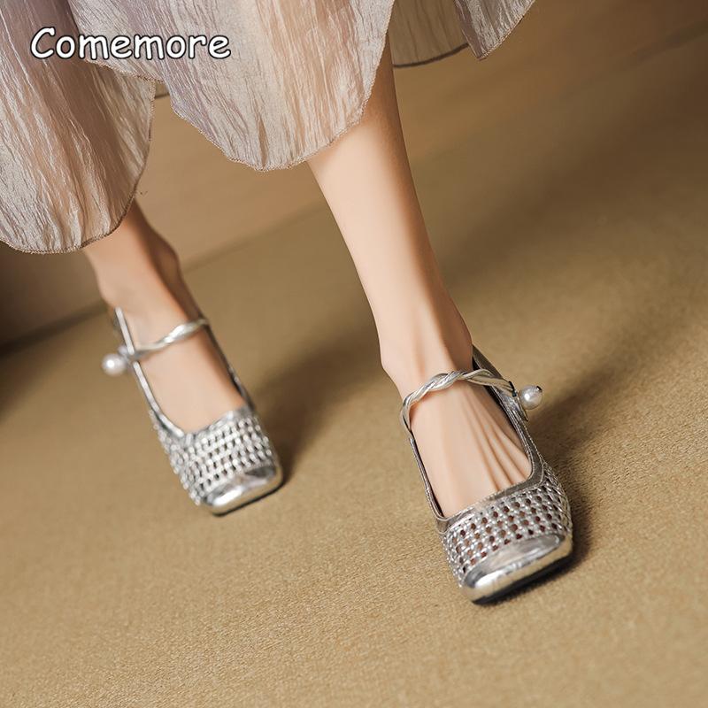 Fashion French Woven Hollowed Out Single Shoes Summer Breathable Square Toe High Heel Pumps PU Leather Mary Jane Shoes Zapatos De Mujer