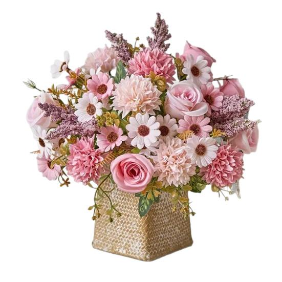 Artificial Rose Flower Bouquet Realistic Mixed Faux Rose Dahlia Chrysanthemum Ball Flower for Wedding Bridal Bouquets Table Centerpieces Baby Shower