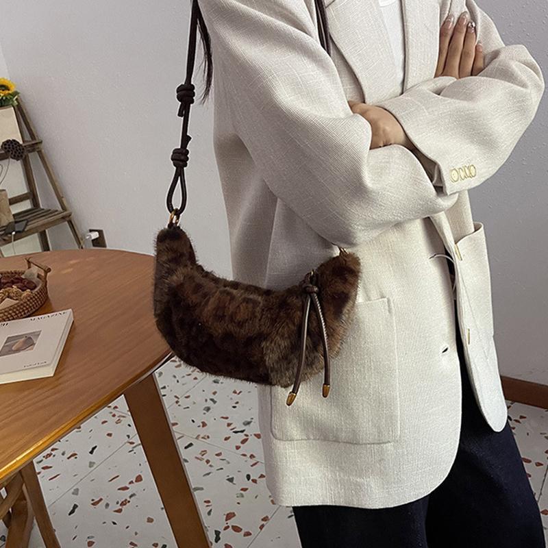 Leopard Print Faux Fur Shoulder Bag Vintage Women Plush Warm  Adjustable Strap Crossbody Bag CLE