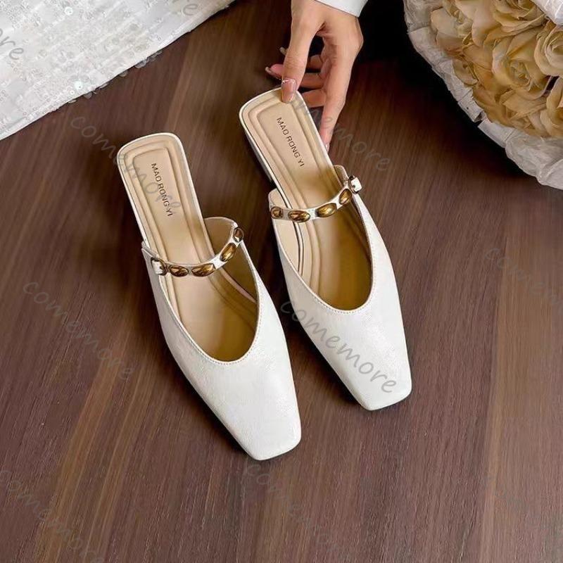Comemore Square Head Slippers Satin Shallow Mouth Metal Buckle Slip On Women's Shoes Spring Summer Mules Baotou Half Slipper