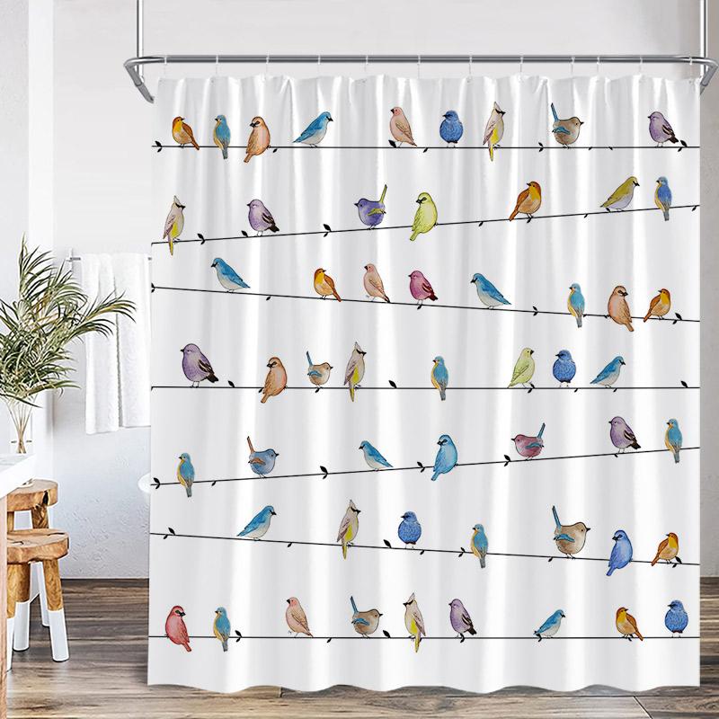 

Colorful Bird Shower Curtain Green Leaves Birds On Tree Branch Bathroom Decorative Polyester Fabric Bath Curtains Set With Hooks W60H190(CM)-1 Pcs