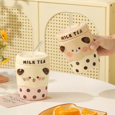 Tazza Ceramica Creativa Cartoon Tè al Latte con Cannuccia e Coperchio, Tazze per Coppia, Tazza da Caffè Colazione per Casa e Ufficio, Regalo