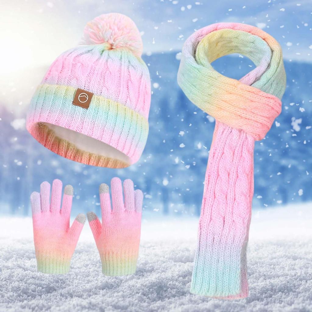 Children's Hat, Scarf And Gloves Three-piece Set: Winter Outdoor Fleece-lined Warm Ear-protecting Pom-pom Pullover Knitted Wool Hat