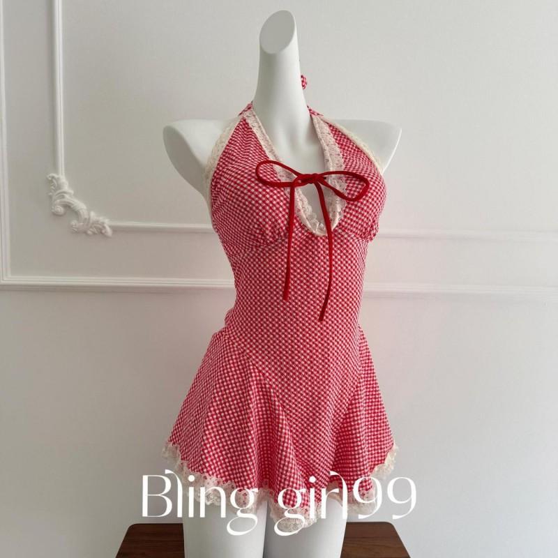 Principessa in Fuga Retro a Quadri Dimagrante Copri-pelle Design di Nicchia Costume da Bagno per Vacanze Calde Set Due Pezzi Conservativo