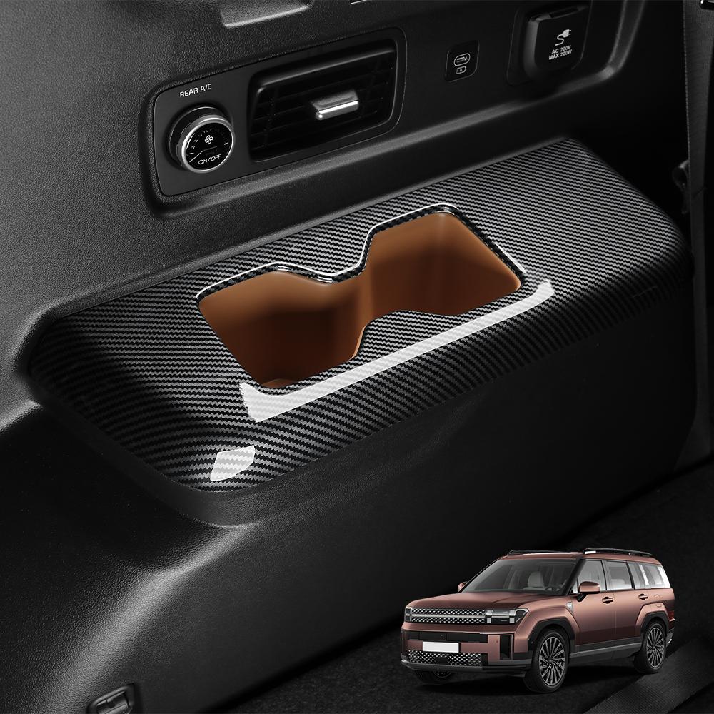 Third Row Water Cup Holder Cover For Hyundai Santa Fe MX5 2024 Carbon Fiber Wood Grain Style Car Inner LHD/RHD
