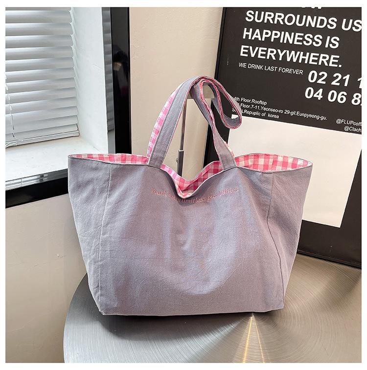 

Весенне-летняя новая ленивая литературная двусторонняя клетчатая сумка-тоут большой вместимости для студентов, для поездок на работу, для отдыха, на плечо фиолетовый