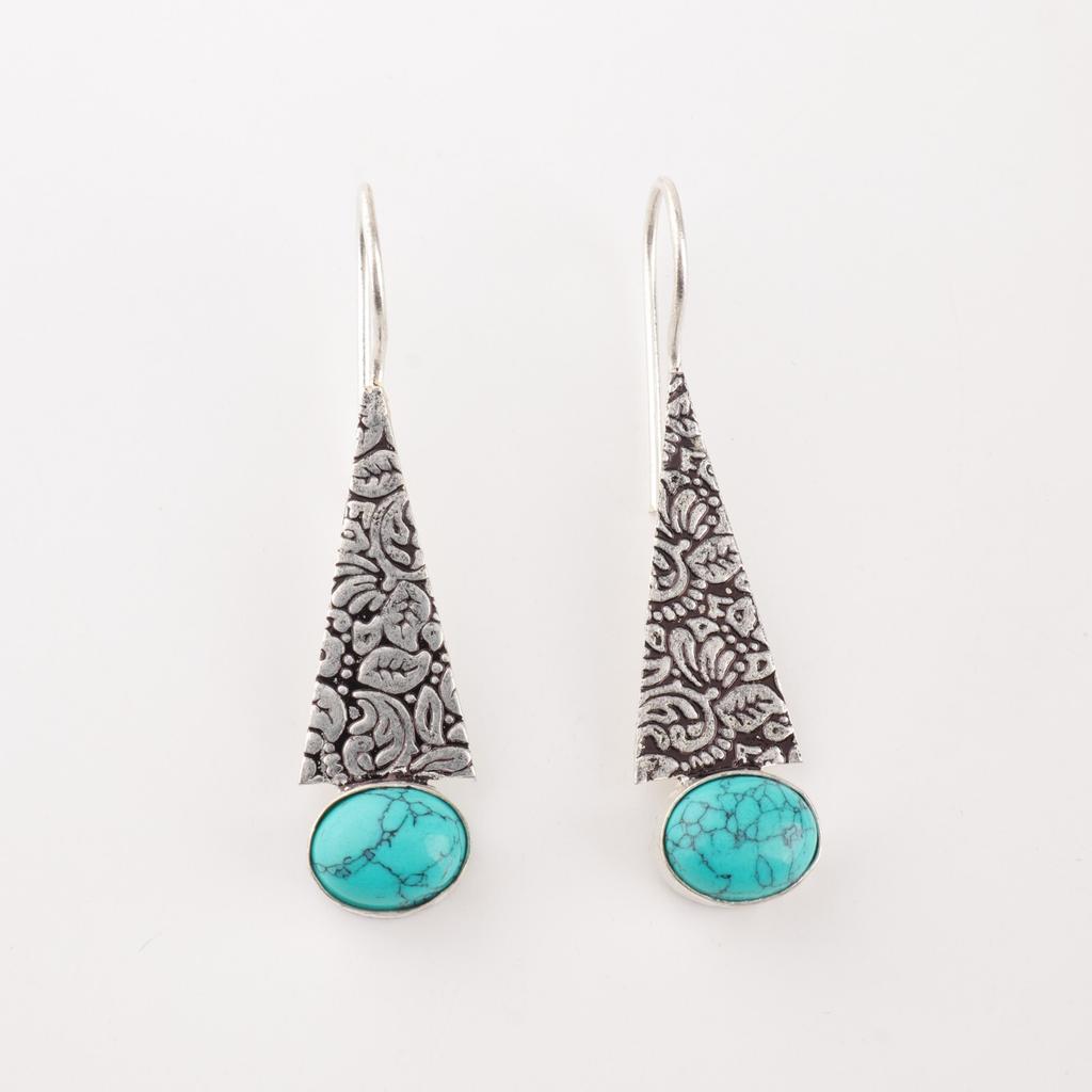 Natural Blue Turquoise Gemstone 925 Sterling Silver Women Handmade Earrings 1.9" EE-165-23