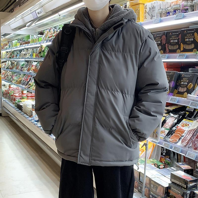 Fake two-piece cotton-padded jacket for men in winter, loose and thickened warm fleece cotton-padded jacket, hooded cotton-padded jacket.