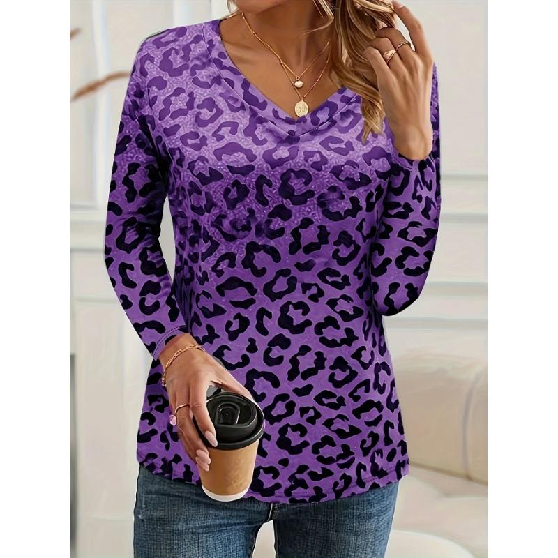 Women s 2025 Basic V-Neck Long Sleeve,Leopard  Printed Polyester Relaxed Fit Tee Shirt,Spring Autumn Casual Comfort Tops S