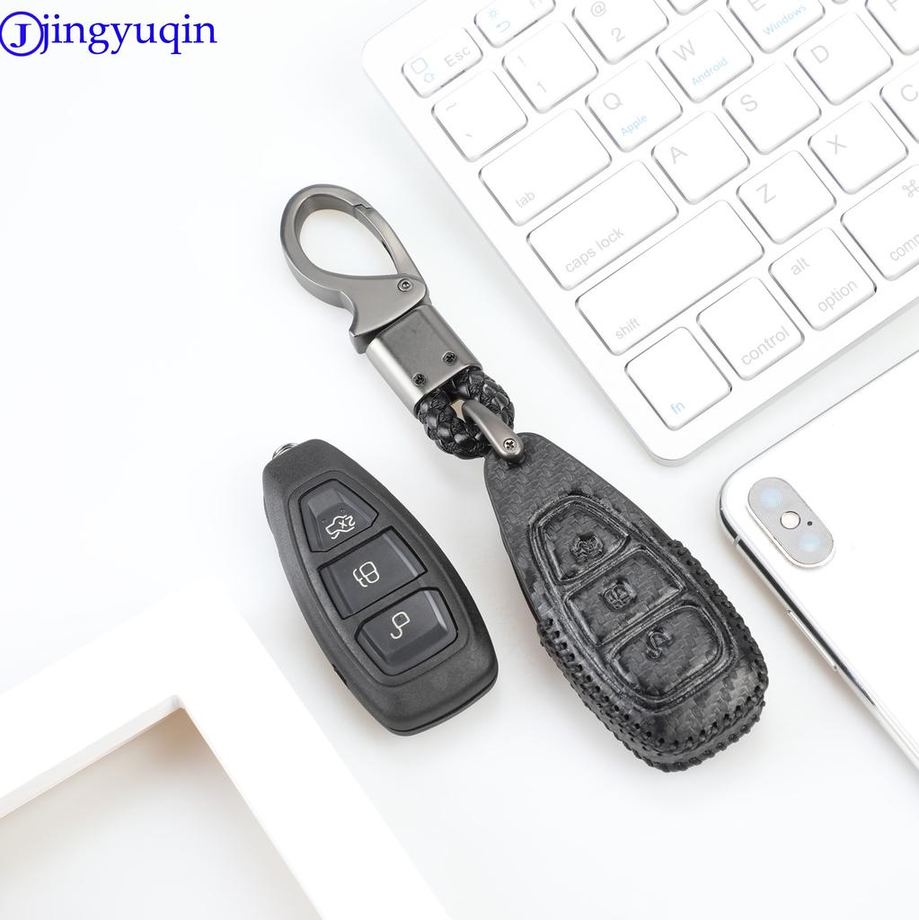 Jingyuqin Carbon Leather Car Key Case Cover for Ford Fiesta Focus Mondeo Ecosport Kuga Focus Procted Smart Key