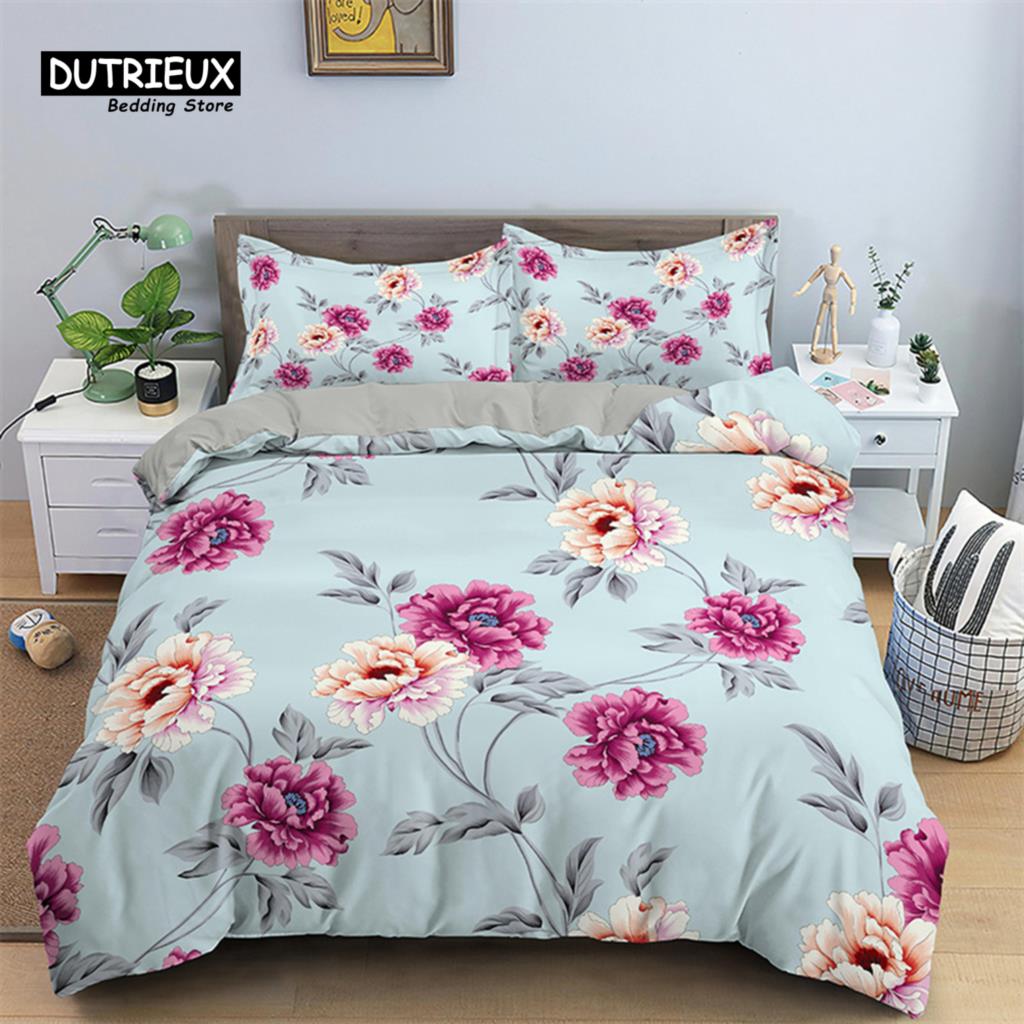 Blumiger Bettbezug Blumen Blätter King Bettwäscheset Frühlingsblüte Garten Bettdeckenbezug Bauernhaus Blütenblätter Botanischer Steppdeckenbezug