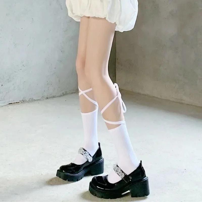 Fashion Stockings Bandage Lolita Long Knee Socks Korea Style Women White Cotton Socks Japanese Cosplay JK Girls Cute Hosiery