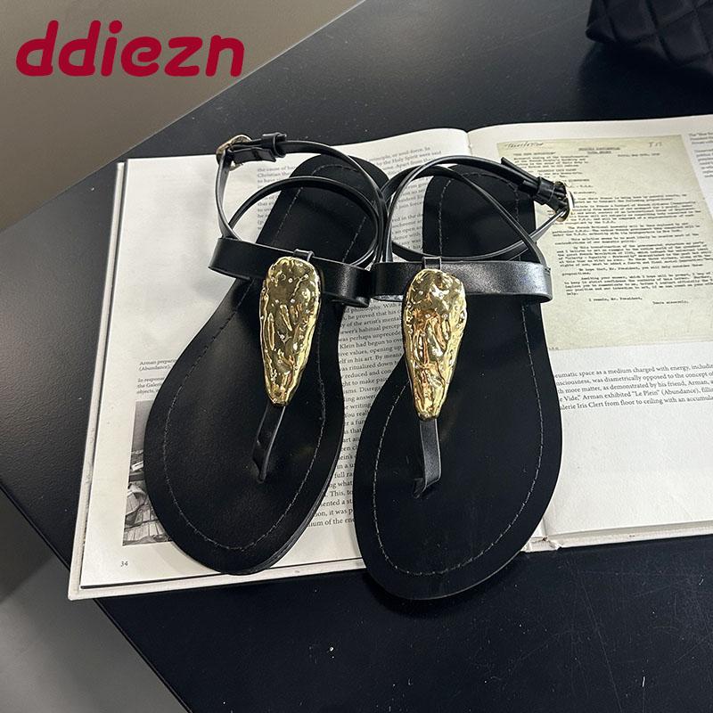 

Fashion Big Size 43 Footwear Fashion Metal Women Shoes Summer Beach Flip flops Round Toe Female Ankle Buckle Ladies Flats Sandals Shoes 35 чёрный