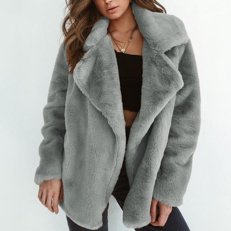 Sexy Plush Lapel Fitted Jacket Winter Women Faux Fur Cardigan Coats Double-Faced Fleece Casual Solid Color Outwear Female Plush Thick Jacket