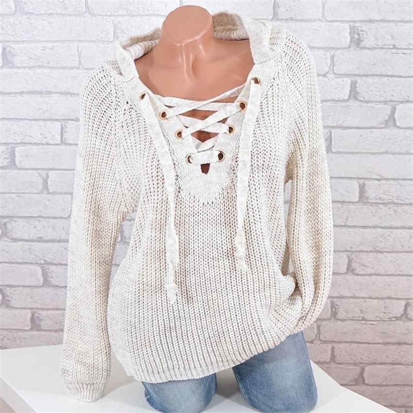 Women's Long Sleeve Hooded Pullover Fashion Autumn/Winter V-neck Sweaters Knitted Tops