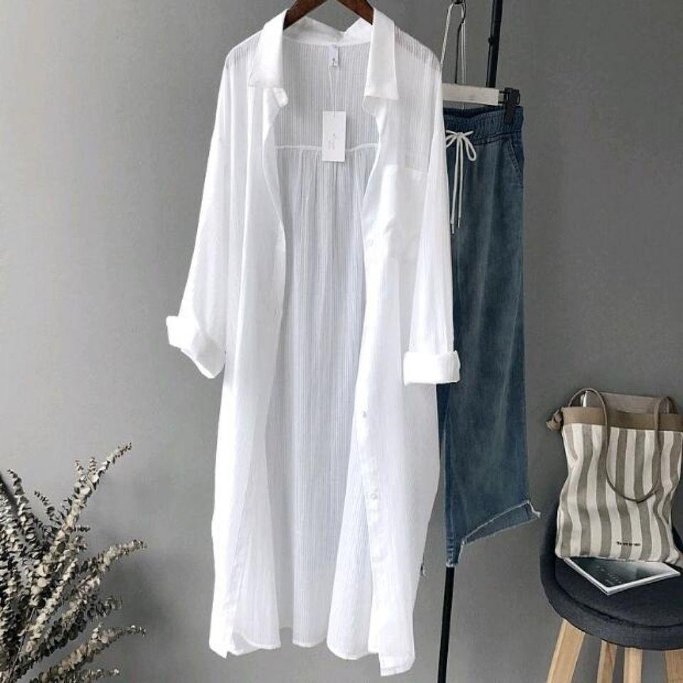 BF Style Solid Color White Thin Cotton and Linen Sun-protective Clothing, Long-sleeved Women's Summer UV Protection Long Shirt Jacket