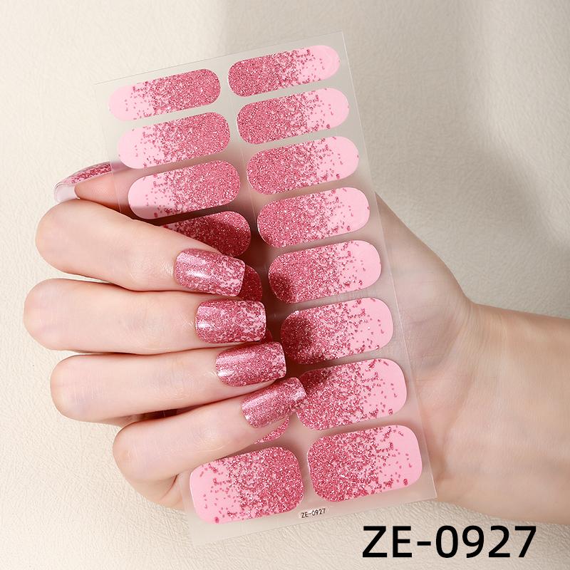 16Tips Pink Glitter Full Cover Nail Sticker Gradient Nail Polish Strips Long-Lasting Self Adhesive Manicure Art DIY Decoration