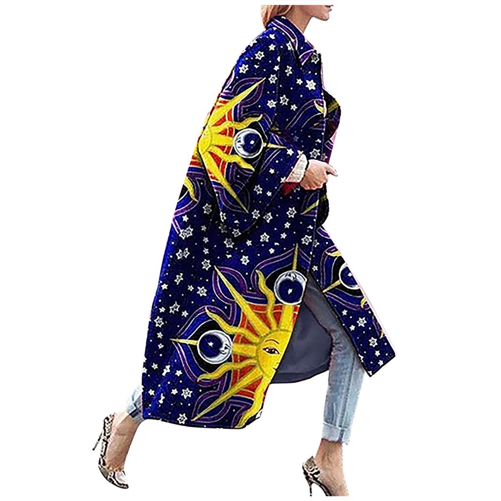 Fashion Women Printed Pocket Jacket Outerwear Cardigan Overcoat Long Trench Coat