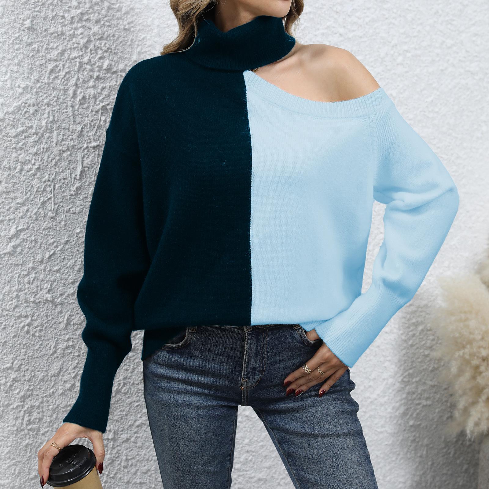 Женский повседневный свободный свитер с открытыми плечами высоким воротом длинными рукавами и свободного кроя пуловер с цветными блоками XL синий 3159₽