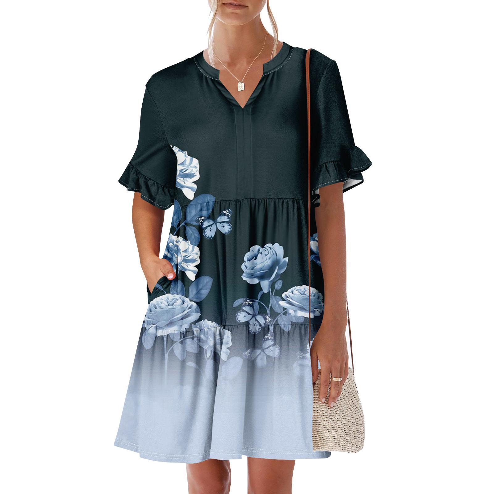 

Женское летнее платье с коротким рукавом и V-образным вырезом, короткие платья, модное повседневное струящееся платье в стиле бохо с оборками и карманами XXL тёмно-синий