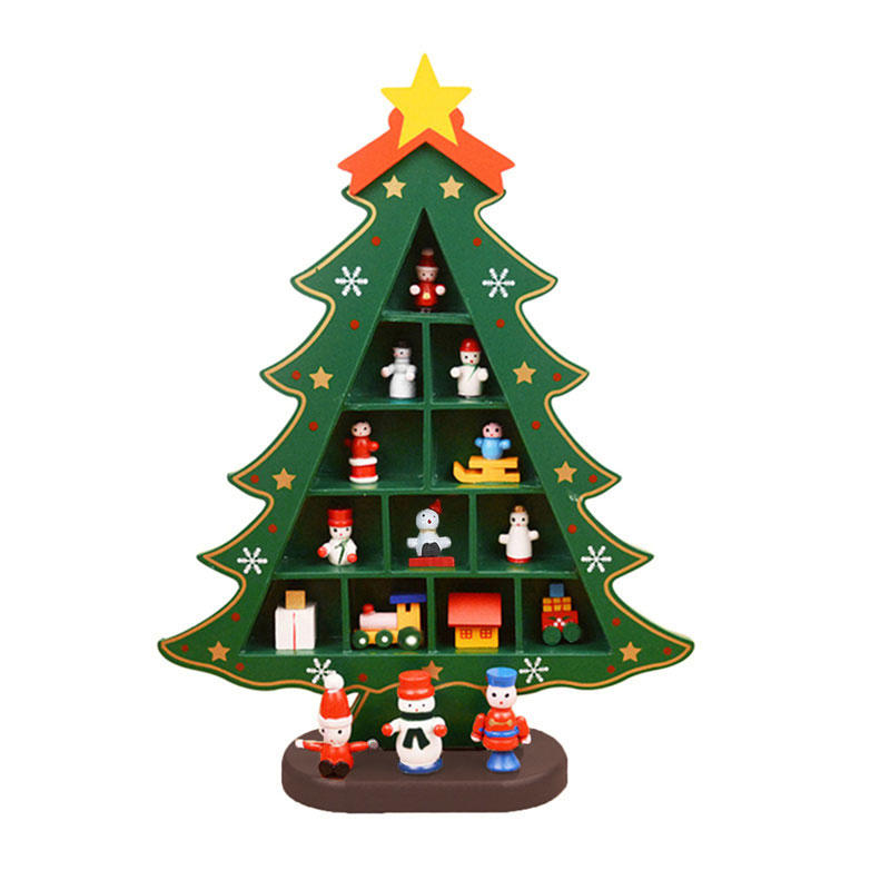 Vintage Wooden Christmas Tree Ornament Desktop Diy Mini Pine Tree with Mini Ornament for Xams Home Decor