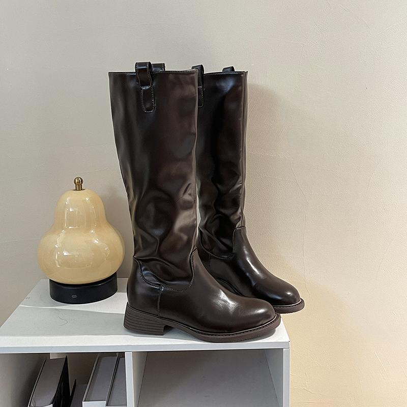 Vintage Low Heel Slip On Women Knight High Boots Cosy Soft Leather Shoes Female Slim Mordern Long Booties De Muje