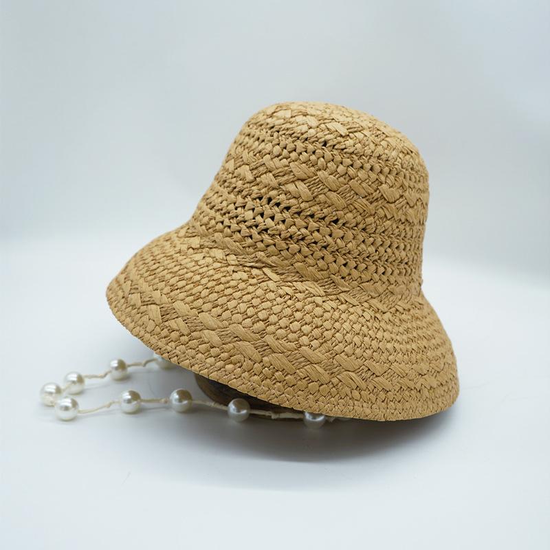 French Japanese Elegant Pearl Chain Woven Bell-Shaped Basin Hat Women'S Summer Sunshade Sunscreen Vacation Beach Hepburn Straw Hat